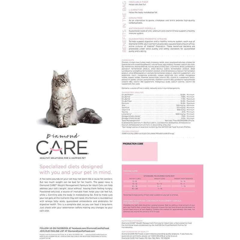 Diamond Care Weight Management Formula Food Adult Cats 15lbs. Diamond CARE