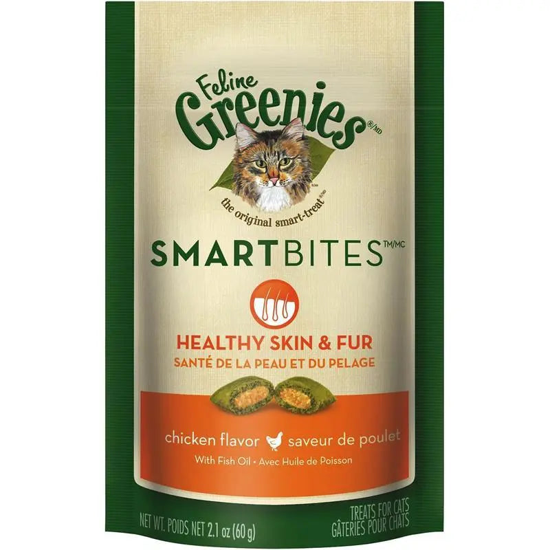 Greenies Feline Smartbites Healthy Skin & Fur Treat Chicken Flavor 2.1 oz. Greenies